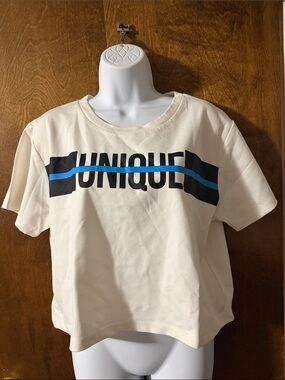 Unique Graphic Cropped Tee in Cream with Black & Blue Print